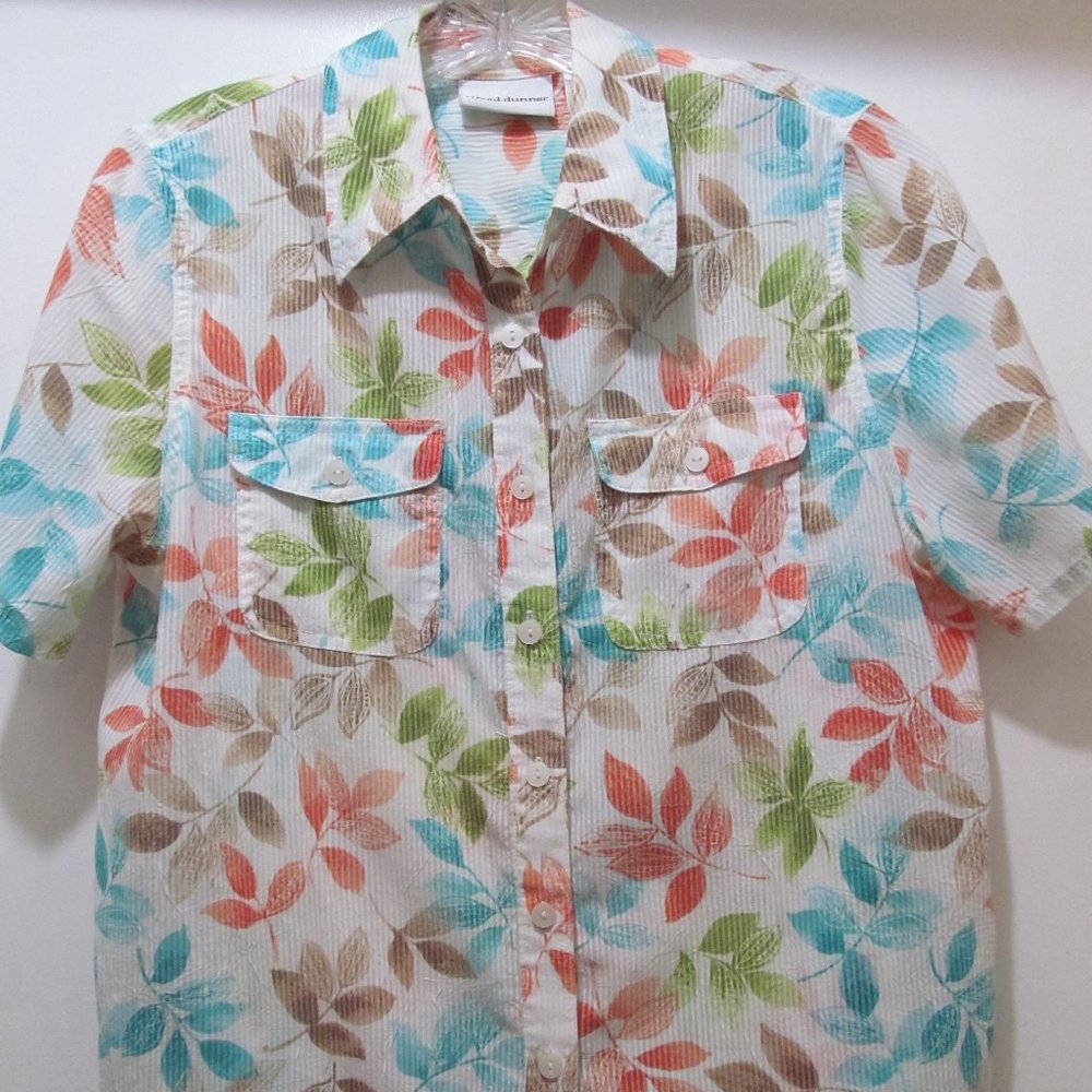Alfred Dunner Top Shirt Blouse Short Sleeve Button Down Blue Green Orange Leaves